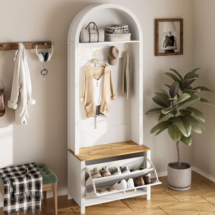 Meuble dentrée - Becag - Vestiaire dentrée avec étagère à chaussures et crochets - Design moderne - 75x35x195cm - Blanc