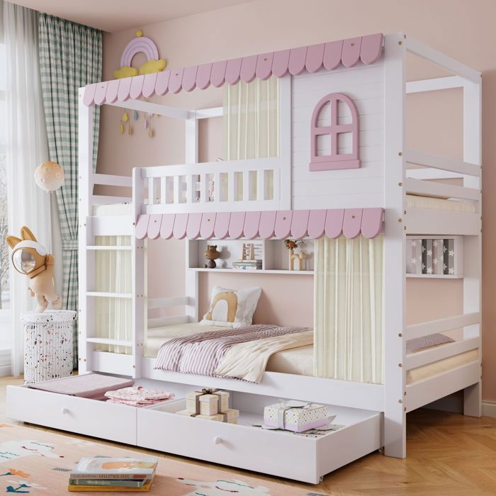 Lit superposé enfant - SOGEU - Fenêtres et Rideaux Roses - 90x200 cm - 2 tiroirs - Pin massif & MDF