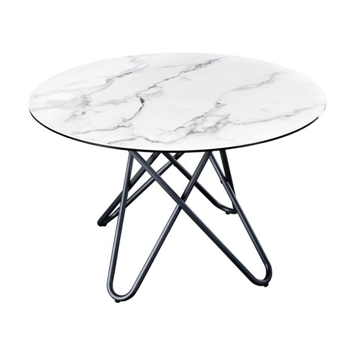 Table de salle à manger BAUMA 120 cm – Plateau rond en céramique effet marbre blanc et pieds métal – Style moderne chic