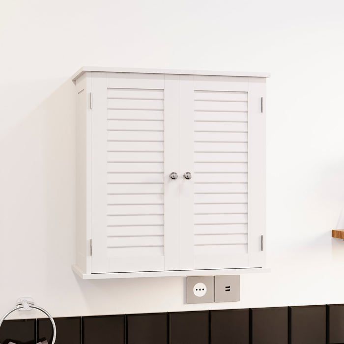 Armoire murale - Liano - 2 portes style persiennes - MDF blanc mat - 2 étagères (H55×L52×P22)
