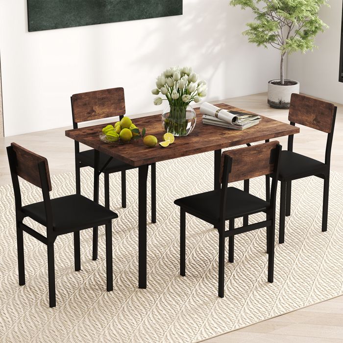 COSTWAY Table de Salle à Manger 5 Pièces pour 4 Personnes Industrielle - Chaises Rembourrées en Cuir Artificiel