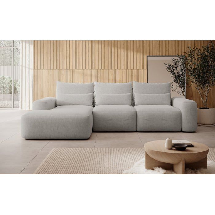 Canapé d’angle convertible – CARNOS – en chenille hydrofuge – gris – angle gauche Canapé d’angle convertible – CARNOS – en chenille hydrofuge – gris – angle gauche