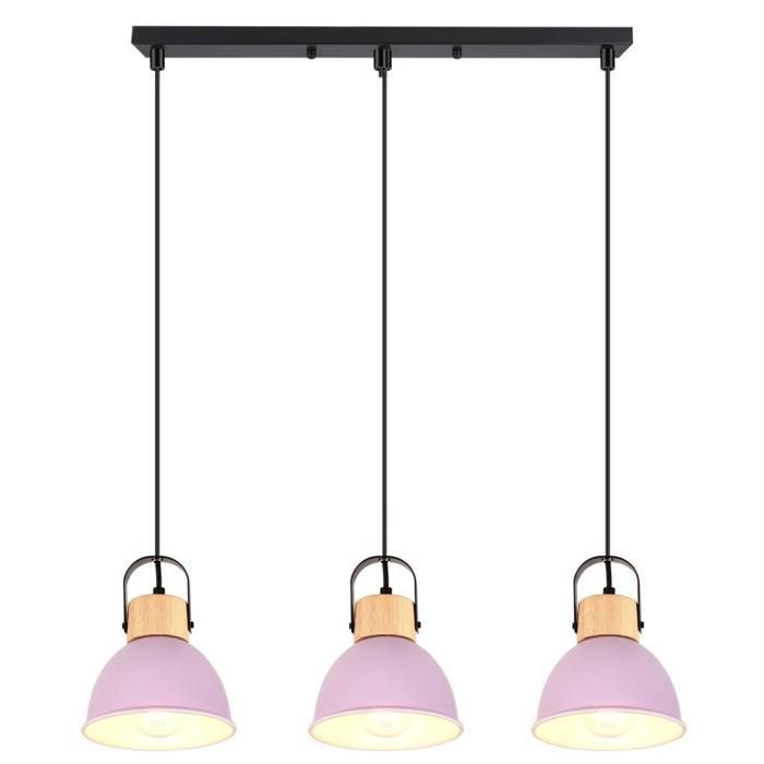 WOTTES 3 Lampes Suspension Luminaire Industrielle Lustre Barre Plafonnier en Fer et Bois Rétro Design Violet Pour Cuisine Salon