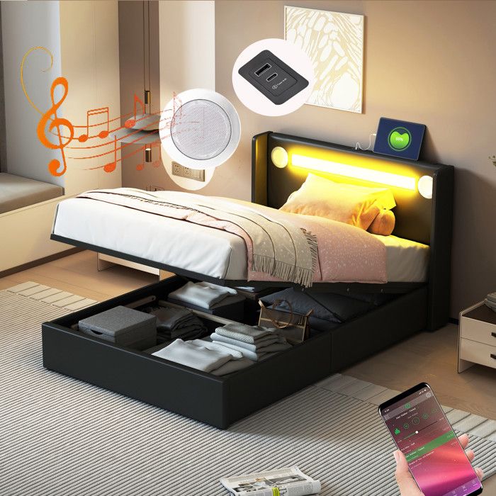 Lit 90x200cm - Lit Coffre Enfant 90x200 cm et Sommier - Lumières LED Haut-parleur Bluetooth et Chargeur USB - Cuir PU Noir