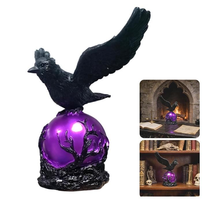 LAMPE DECORATIVE Lampe Corbeau - Déco Maison Vintage Gothique Résine Veilleuse Corbeau Noir Avec Boule Violette Pour Bureau Étude