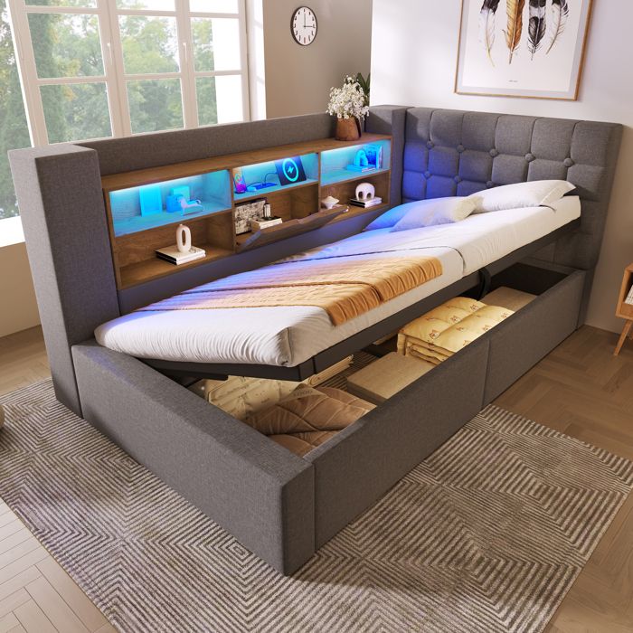 Lit Coffre 90x200 cm avec LED Tête de Lit L avec étagères Ports USB et Type-C Tissu Lin Gris sans Matelas Lit Coffre 90x200 cm avec LED Tête de Lit L avec étagères Ports USB et Type-C Tissu Lin Gris sans Matelas