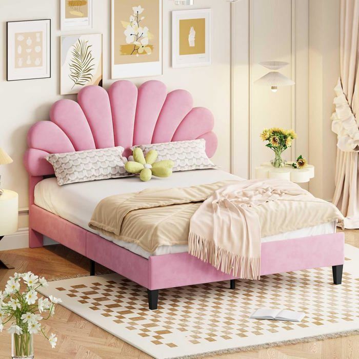 Lit Capitonné Double Avec Tête de Lit et Sommier à Lattes Adulte en Tissu Velours Style Moderne (Sans Matelas) (Rose 140x200cm)