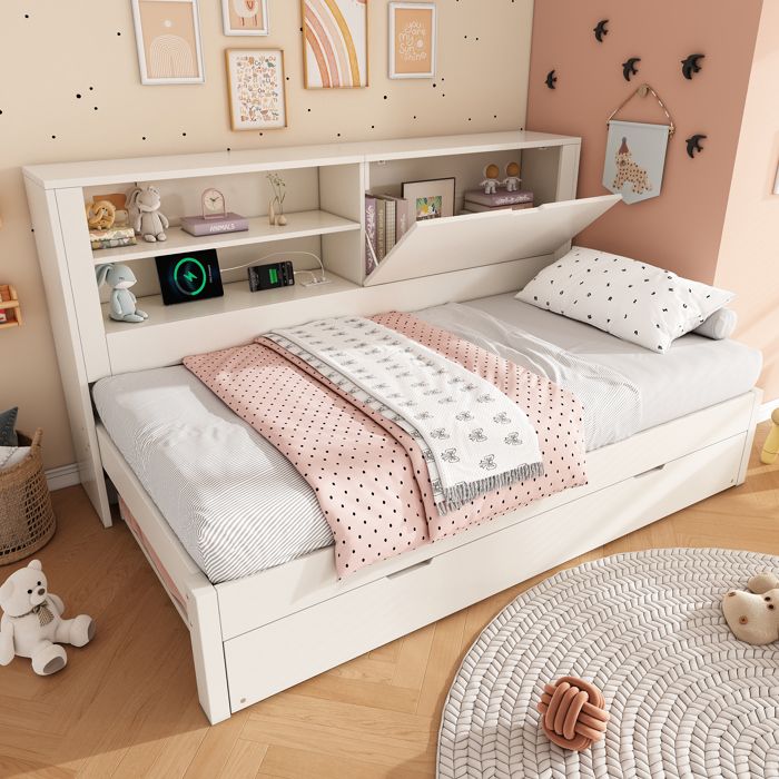 Lit gigogne 90x200 cm - MODERNLUXE - Station de charge USB/Type-C - Compartiment de rangement - Blanc(sans matelas)