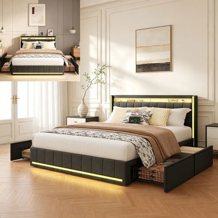 Lit double capitonné 160x200 cm avec 4 Tiroirs - Lit adulte avec LED et USB - Sommier à lattes - Lin Gris