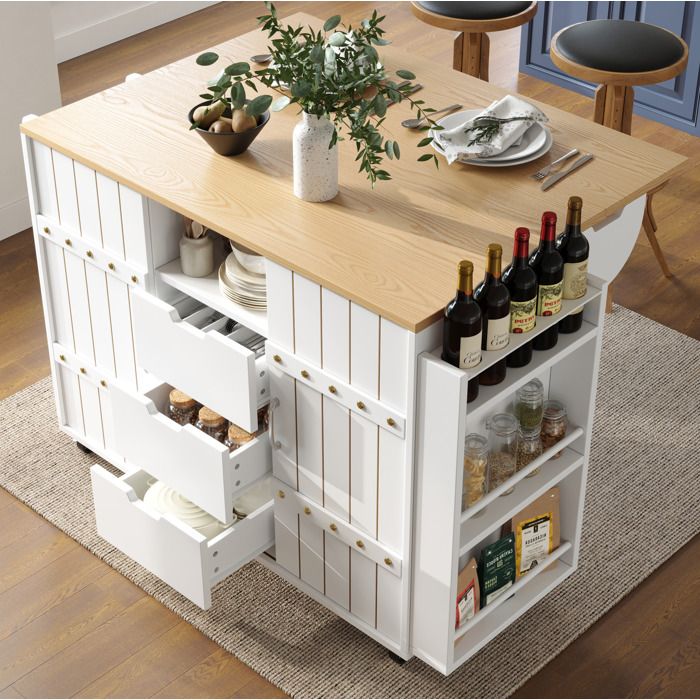 Desserte de cuisine110×42/70×90 cm. avec roulettes. plan de travail rabattable. 2 portes et 3 tiroirs. MDF. blanc