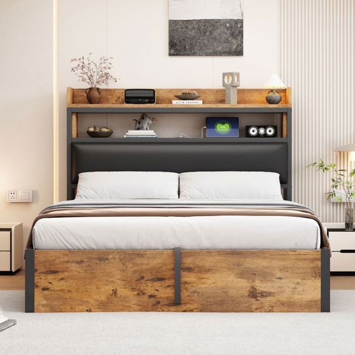 Lit double vintage 140 x 200 cm avec tête de lit espace de rangement et ports USB - Blanc vintage et noir Matelas non inclus