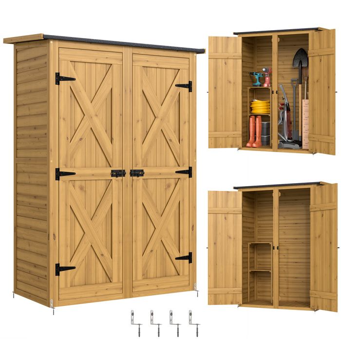 Abri de rangement - Outsunny - avec deux étagères et double portes - toit incliné - bois - marron