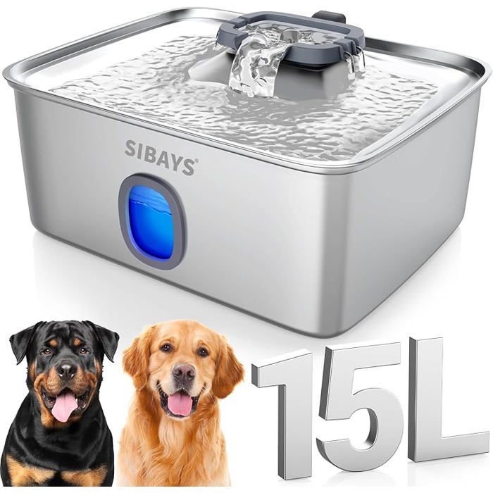 Fontaine a Eau Chat INOX 15L Grande Fontaine a Eau Chien avec Zone de Boisson Plus Large Super Silencieuse Fontaine à Eau ABREUVOIR