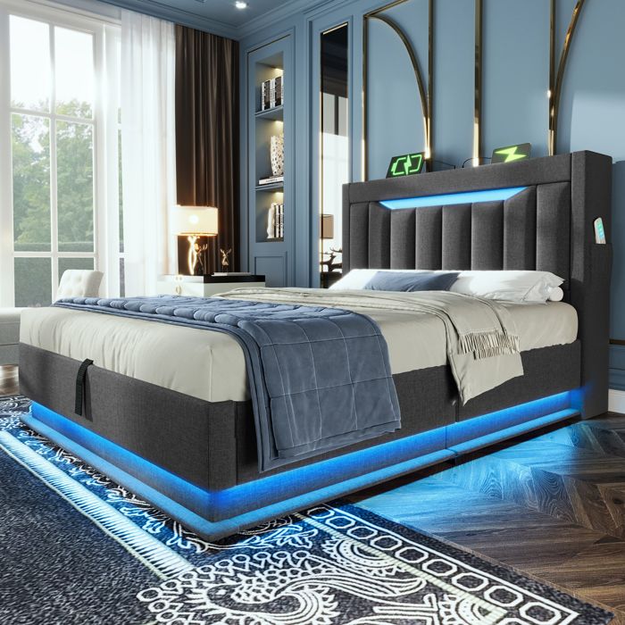 Lit coffre 90 x 200 cm - MERAX - Lit coffre simple avec LED - Lin gris - Ports USB/USB-C - Coffre hydraulique Lit coffre 90 x 200 cm - MERAX - Lit coffre simple avec LED - Lin gris - Ports USB/USB-C - Coffre hydraulique