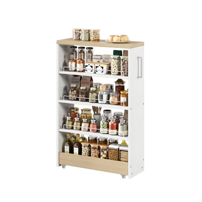 Chariot de Rangement 12cm à roulettes-Desserte de Cuisine Etroit à 5 Niveaux avec Poignée Latérale et Roues Universelles-Blanc
