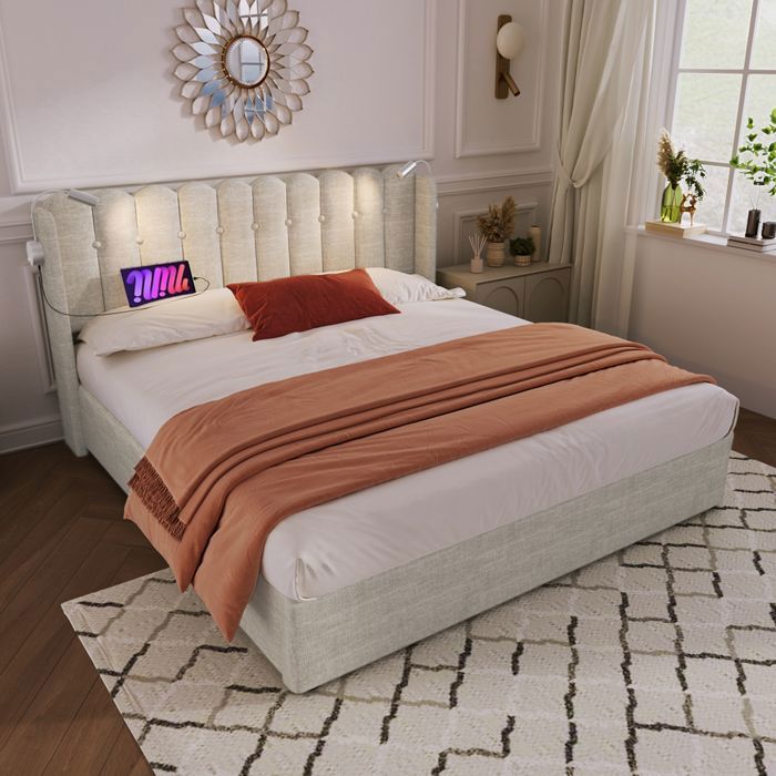 Lit offre 140x200 cm avec lumière de lecture et USB – Rangement hydraulique – Tissu lin naturel – Sommier à lattes inclus