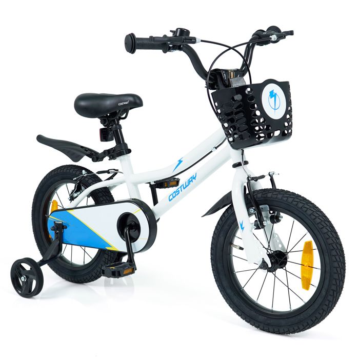 Vélo Enfant Roues 14 COSTWAY Stabilisateurs Amovibles pour 3-5 Ans Freins à Main Panier Amovible Pneus Antidérapants Blanc