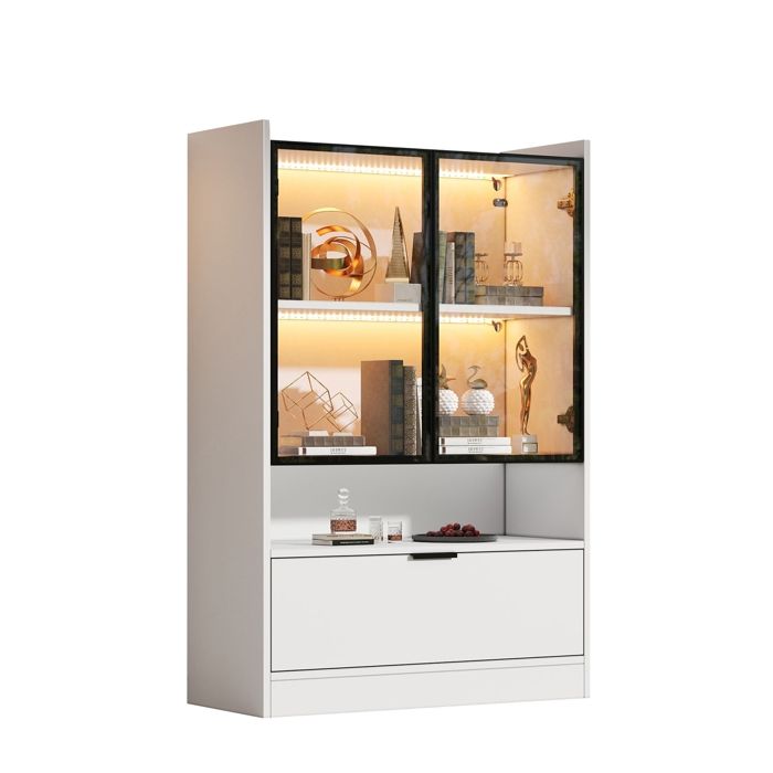Vitrine en Verre avec éclairage LED Meuble Haut avec 2 Portes en Verre et 2 Porte Pliante Bibliotheque Armoire de Salon 80x35x120cm