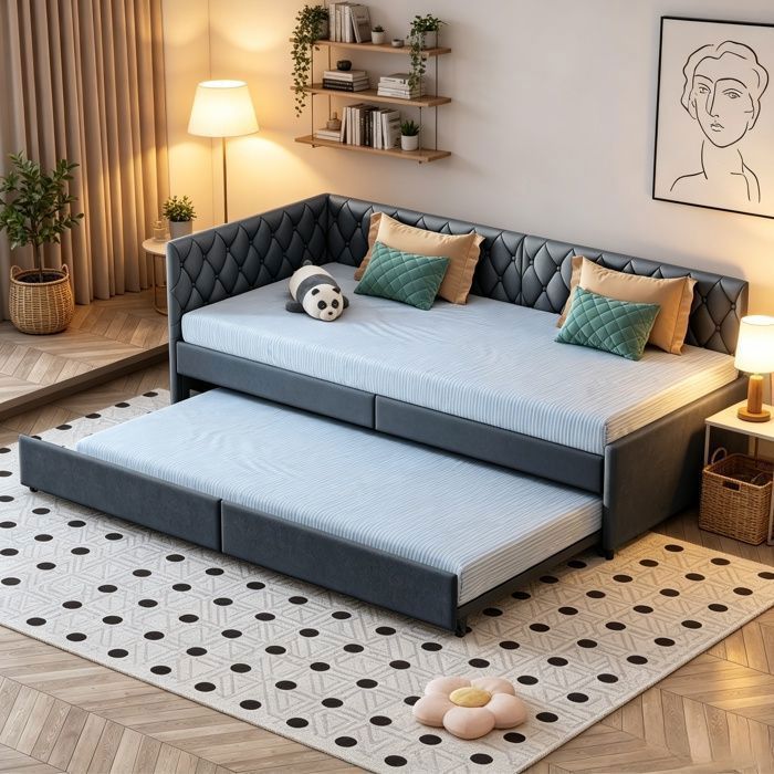 Canapé-lit convertible 90x200 cm lit gigogne lit escamotable 2 places sommier lattes velours petit espace salon gris foncé
