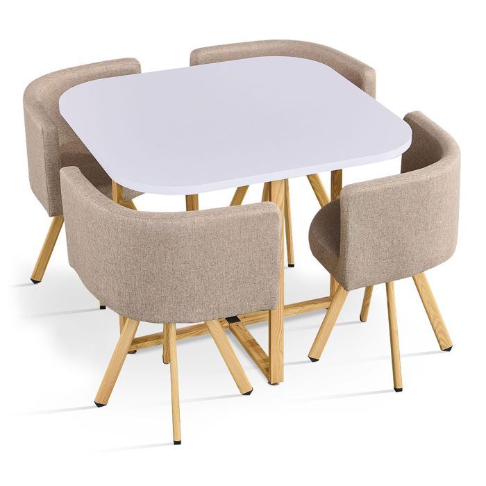 MOSAIKASA Table carrée 90cm avec 4 chaises gain de place Oslo Blanc et Tissu Taupe