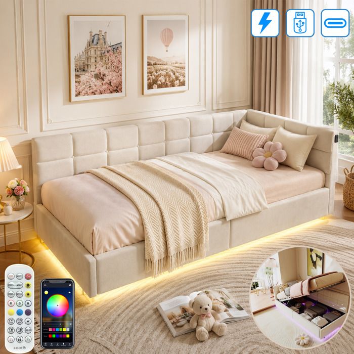 Lit Coffre Enfant 90x200 en Velours avec Sommier - Eclairage LED et Charge USB Tpye C - Lit Rembourré avec Rangement - Canapé Lit