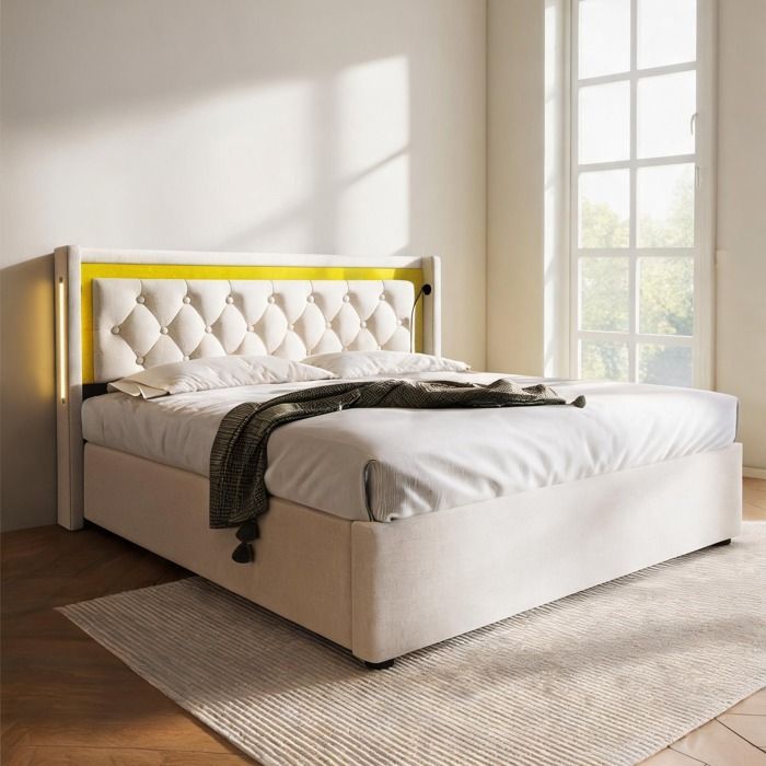 Linen beige lit double 2 places 140x200 cm tapissier avec rangement intégré et matelas inclus