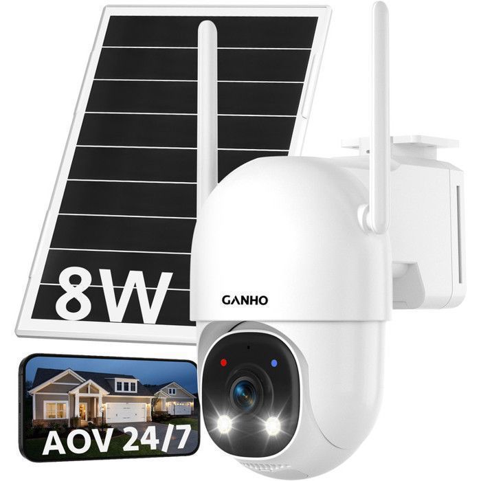 GANHO 2K AOV 24/7 WiFi Solaire Caméra de Surveillance Extérieur sans Fil 3MP 8W 13500mAh Batterie avec détection IA
