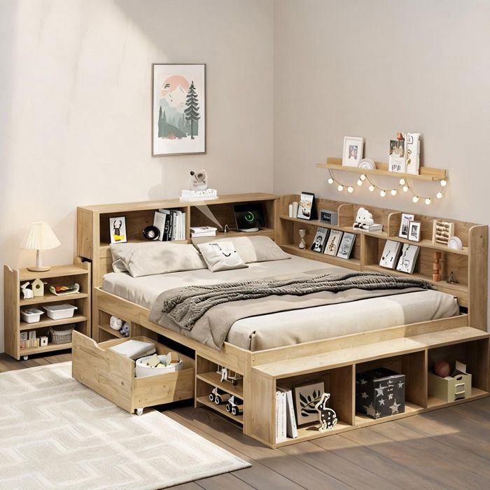 Lit enfant multifonction 140x200 cm avec rangement tiroirs et étagères en contreplaqué naturel