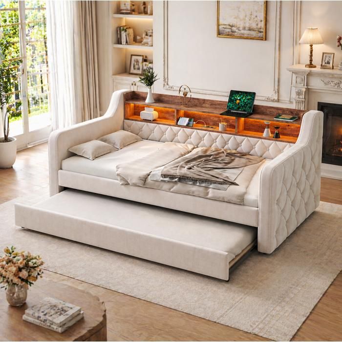 Lit gigogne 2 places 90×190 cm avec étagère USB Type-C et LED réglable sans matelas velours beige - UVRION