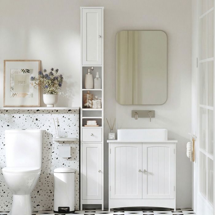Armoire de Salle de Bain Colonne Étroite avec Tiroir et Étagères Réglables Blanc Armoire de Salle de Bain Colonne Étroite avec Tiroir et Étagères Réglables Blanc