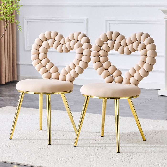 Chaise de salle à manger lot de 2 dossier cœur ajouré et pieds en métal doré - TCQPZ - velours doux métal beige clair