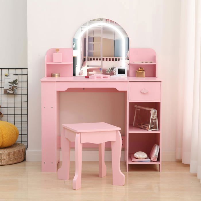 Coiffeuse enfant avec miroir LED réglable – Tiroir étagères ouvertes et bibliothèque – Rose avec accessoires-101 x 80 x 40cm