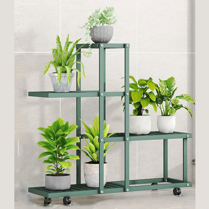 JOLLYTOP Support Plante dAngle Métal - Étagère à Fleurs avec Roues Blocables - Porte-Plantes Salon/Balcon - Vert