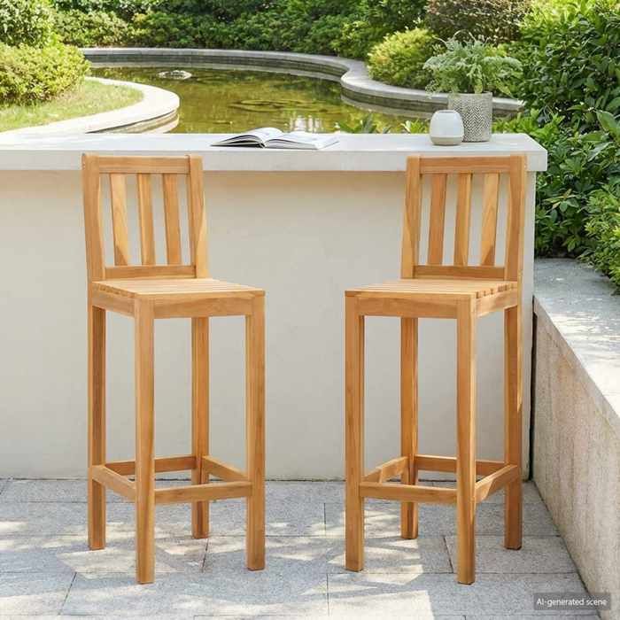 Tabouret de Bar 2 Pc Naturel 35 x 45 x 110 cm en Bois de teck massif avec repose-pieds pour Repas en Plein Air 33413