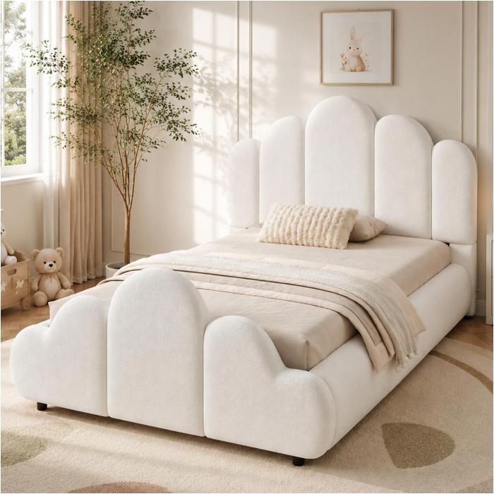 Lit enfant rembourré - MERAX - Lit 90 x 200 cm Nuage - bouclé beige - sommier à lattes inclus - angles arrondis Lit enfant rembourré - MERAX - Lit 90 x 200 cm Nuage - bouclé beige - sommier à lattes inclus - angles arrondis