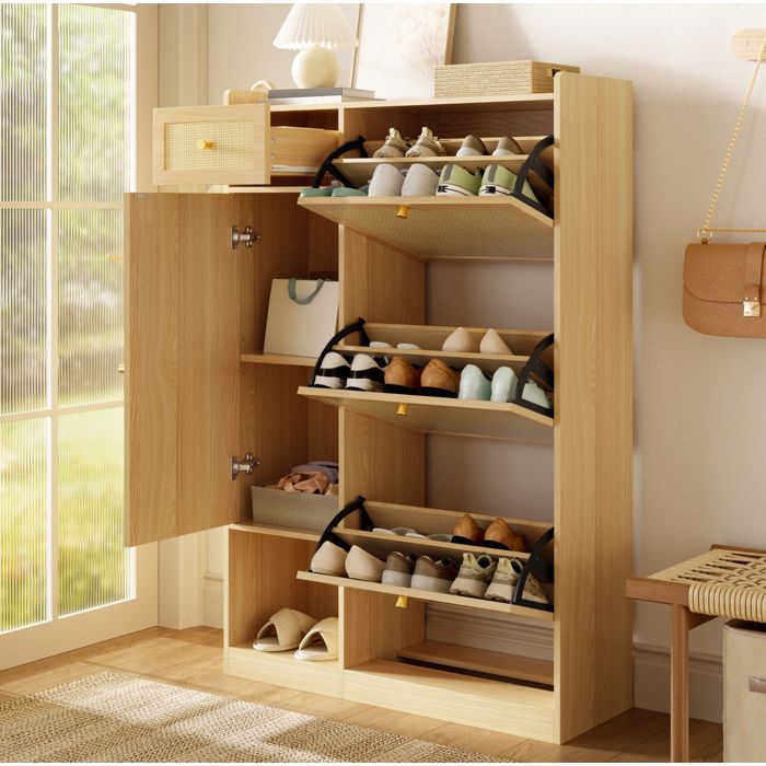 MEUBLIV Meuble à chaussures 80 5 x 25 x 125 cm 3 abattants 1 tiroir 1 porte décor rotin naturel