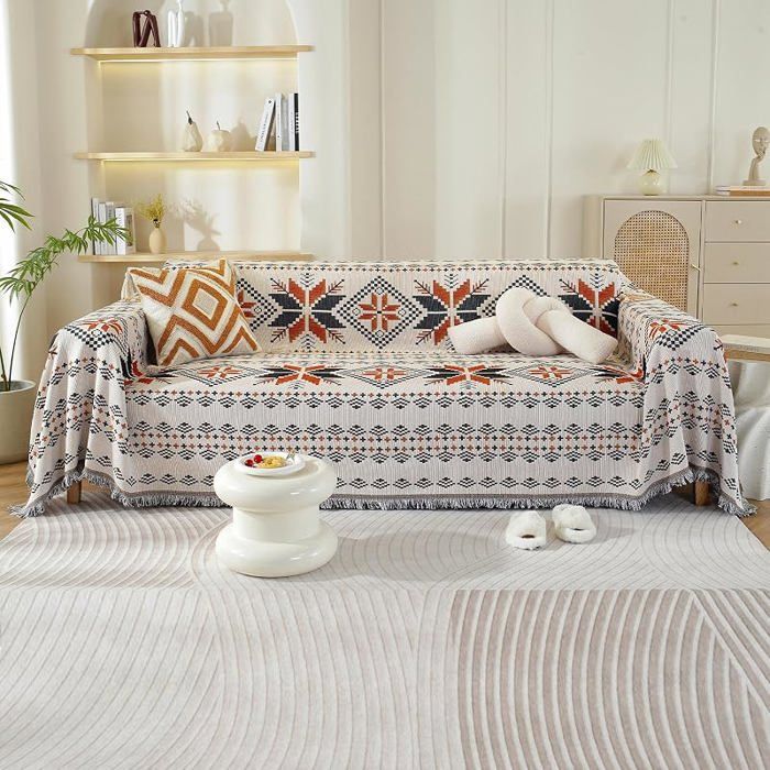 Plaid Canapé Réversible Grande Taille 180x340 cm Jeté Décoratif Avec Franges Housse Canapé Douce Salon orange HOUSSE DE CANAPE