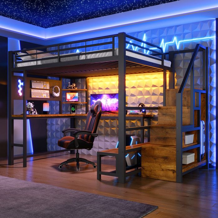 Lit Mezzanine 140x200cm - Lit Haut en Métal avec Grand Bureau en L LED USB Panneau Perforé & Escalier Coffre - Noir