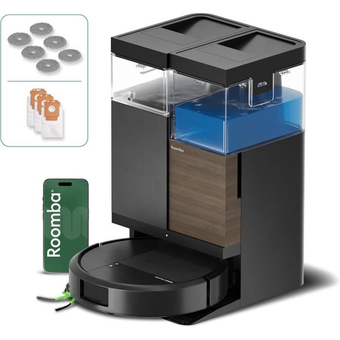 Roomba Plus 576 Combo Robot Aspirateur Laveur 25KPa Base Multifonction Lavage 75°C Séchage 45°C Lidar Caméra Autovidage 3Mois Noir