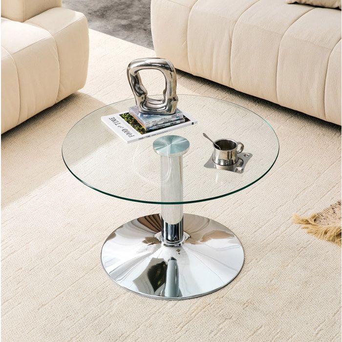Table basse ronde en verre trempé 70 cm plateau en verre structure métal design moderne argent JOINERY