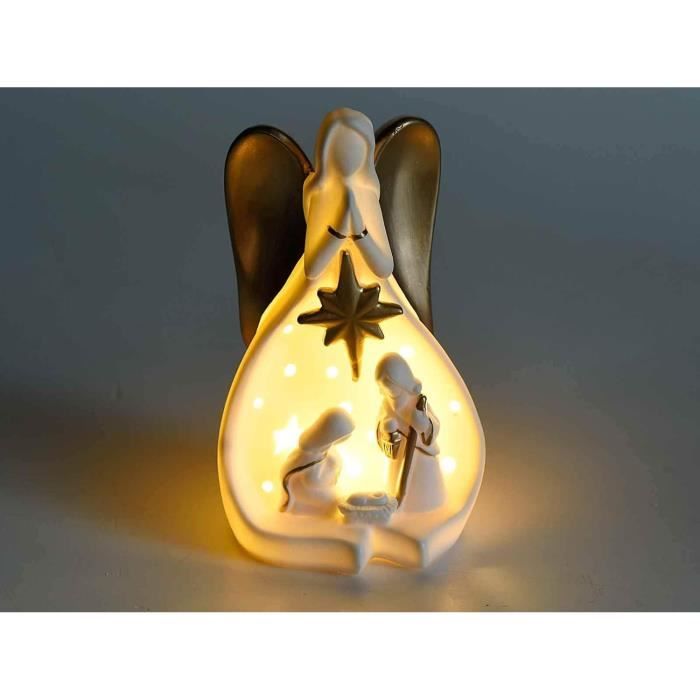 Crèche De Noël En Céramique Blanche Et Détails Dorés Avec Lumières Led