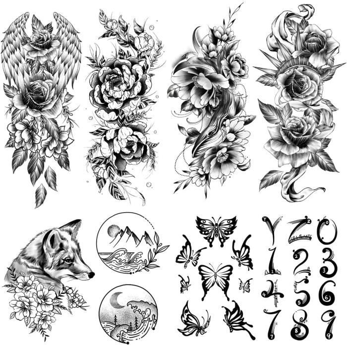 24 Feuilles Tatouage Ephemere, 8 Feuilles Faux Tatouages Réalistes De