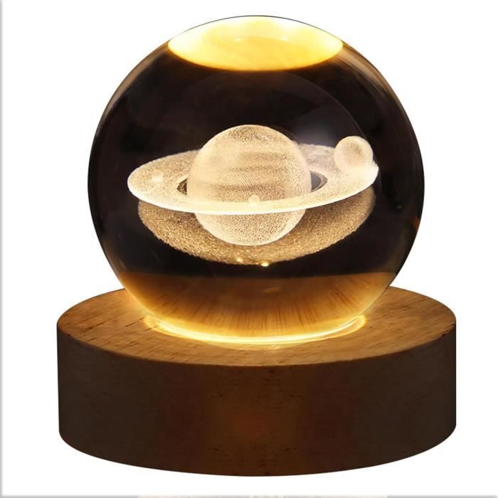 Lampe - Saturne - Boule en Cristal K9 - Lumière LED Multicolore - Rechargeable USB
