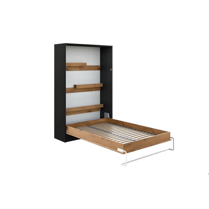 Lit escamotable vertical 140 x 200 cm avec 2 armoires mécanisme douverture à ressort - bois et noir mat - COZY