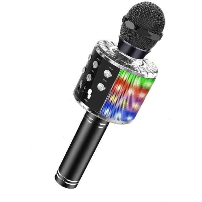 Microphone Karaoké Sans Fil, Micro Karaoké Bluetooth Portable avec LED Lumière Disco pour Enfants-Adultes Chanter, Compatible A47
