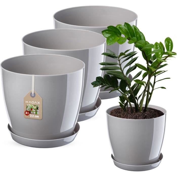 Tradineur Pot De Fleurs Méditerranéen Avec Soucoupe – 30 Cm – Jardinière Haute Grise – Intérieur & Extérieur – Drainage Intégré