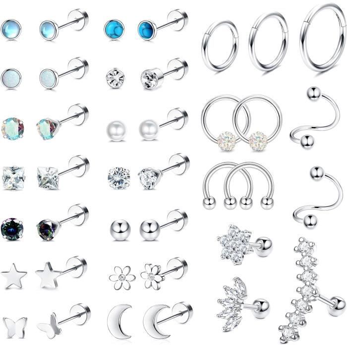 Chriscoco 33 Pièces Kit Boucles D'Oreilles Piercing Acier Chirurgical Hypoallergénique - Chaînes, Opale, Étoile, Coeur & CZ Pour Helix, Tragus & Cartilage