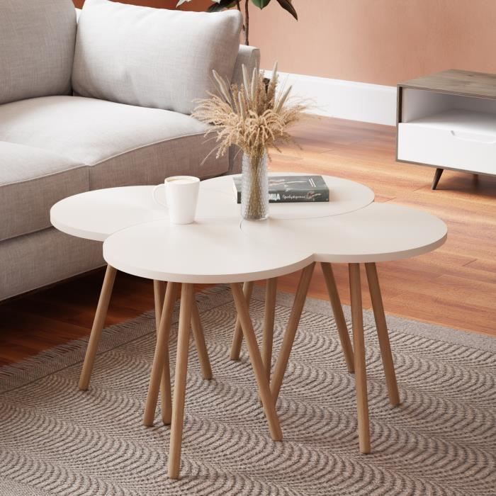 Lot 3 Tables Basses Gigognes Scandinaves Gaia - Blanc Bleu - Design Nordique Pour Salon