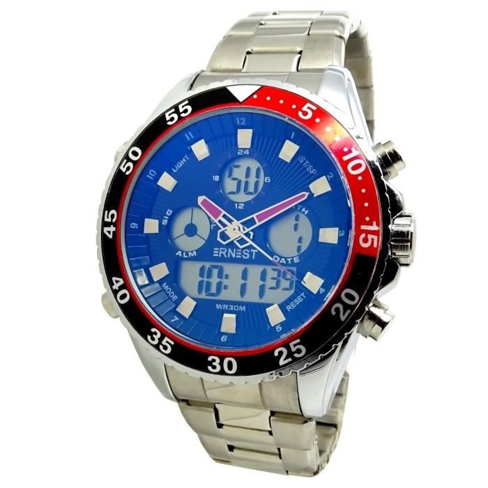 MONTRE HOMME DIGITALE + AIGUILLES ARGENT ROUGE RED BLEU ALARME CHRONO 2 FUSEAUX