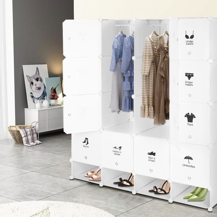Armoire de chambre modulable YIPEEMA - HOMEWELL - Blanc - 147x36x165cm - 16 Cubes + 4 Étagères
